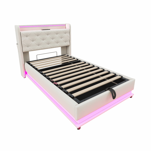 Cama infantil 90x200 cm - Com luzes que mudam, entrada USB, cabeceira rebatível, armazenamento hidráulico, bolso para telemóvel - Bege Cama infantil 90x200 cm - Com luzes que mudam, entrada USB, cabeceira rebatível, armazenamento hidráulico, bolso para telemóvel - Bege
