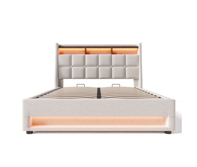 Cama tapizada 160x200cm - cama doble con usb, led, y estructura de metal con somier - beige