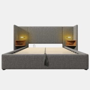 Cama contentora de linho 160x200 cm - 2 mesas de cabeceira com luz de leitura e função de carregamento - com estrado de molas - Cinzento