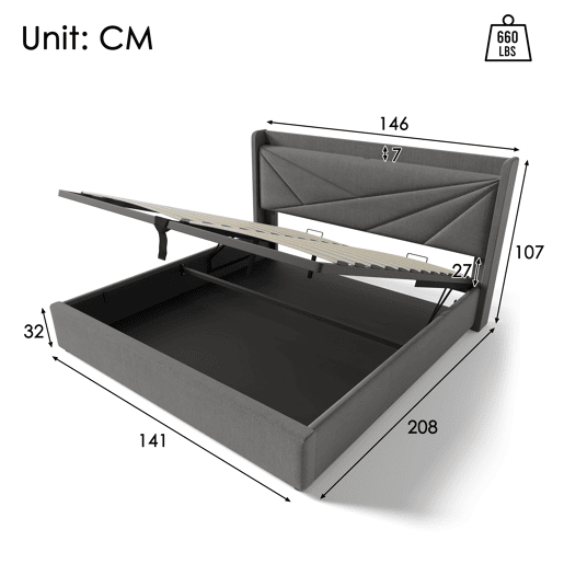 Cama contentora em tecido de linho 140x200 cm - com porta USB e estrado - Cinzento Cama contentora em tecido de linho 140x200 cm - com porta USB e estrado - Cinzento