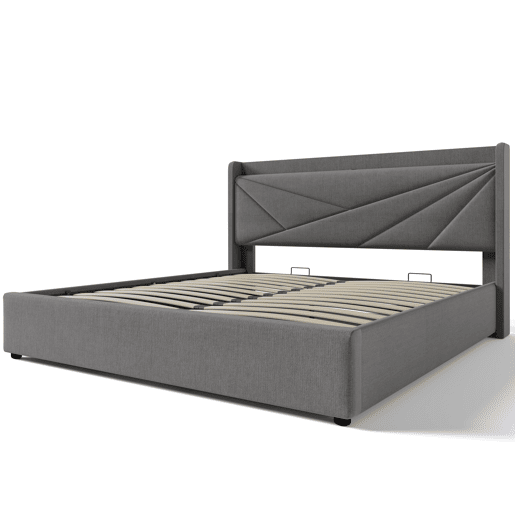 Cama contentora em tecido de linho 140x200 cm - com porta USB e estrado - Cinzento Cama contentora em tecido de linho 140x200 cm - com porta USB e estrado - Cinzento