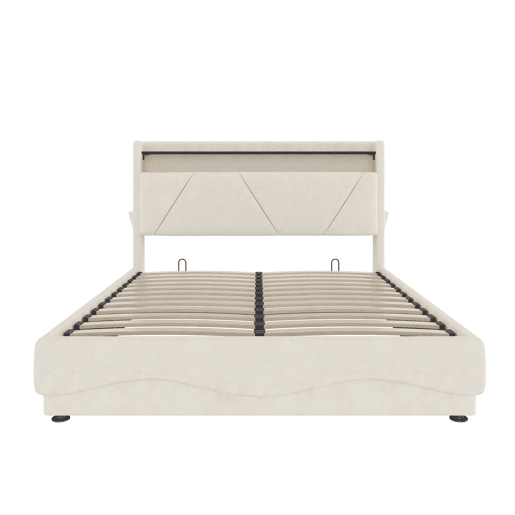 Cama estofada 140x200 cm - Cabeceira com LED, armazenamento adicional, base com sistema de gás, portas USB certificadas - Bege Cama estofada 140x200 cm - Cabeceira com LED, armazenamento adicional, base com sistema de gás, portas USB certificadas - Bege