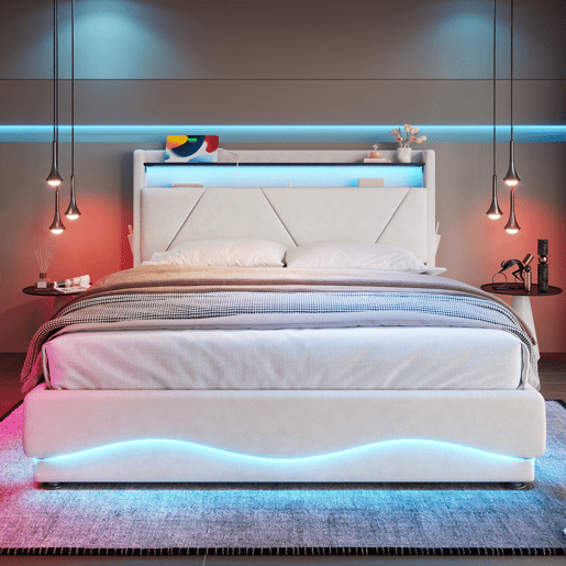 Cama estofada 140x200 cm - Cabeceira com LED, armazenamento adicional, base com sistema de gás, portas USB certificadas - Bege Cama estofada 140x200 cm - Cabeceira com LED, armazenamento adicional, base com sistema de gás, portas USB certificadas - Bege