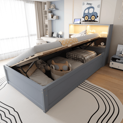 Sofá-cama 90*200 - com várias tomadas, compartimentos de arrumação, luz LED, cama hidráulica, cama individual, multifuncional - Cinza Sofá-cama 90*200 - com várias tomadas, compartimentos de arrumação, luz LED, cama hidráulica, cama individual, multifuncional - Cinza