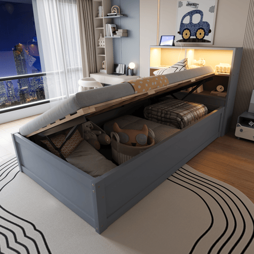 Sofá-cama 90*200 - com várias tomadas, compartimentos de arrumação, luz LED, cama hidráulica, cama individual, multifuncional - Cinza Sofá-cama 90*200 - com várias tomadas, compartimentos de arrumação, luz LED, cama hidráulica, cama individual, multifuncional - Cinza