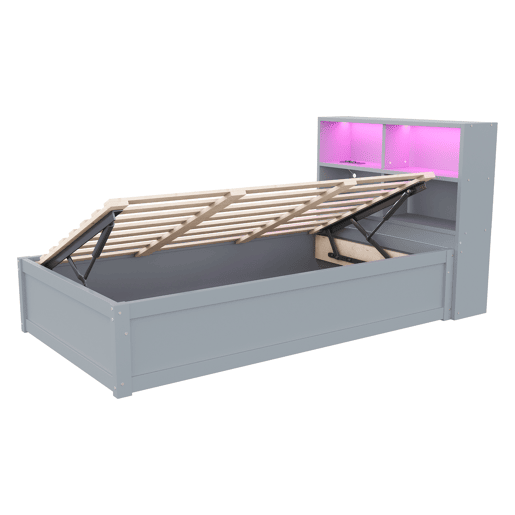 Sofá-cama 90*200 - com várias tomadas, compartimentos de arrumação, luz LED, cama hidráulica, cama individual, multifuncional - Cinza Sofá-cama 90*200 - com várias tomadas, compartimentos de arrumação, luz LED, cama hidráulica, cama individual, multifuncional - Cinza