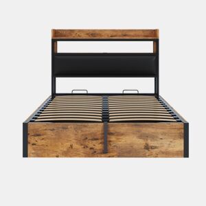 Cama 140x200 - com mecanismo hidráulico, USB, cabeceira acolchoada, design vintage em madeira e metal, arrumação oculta - Preto