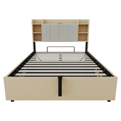 Cama de madeira 140x200 cm - Cama hidráulica com cabeceira com arrumação, USB e tomada Tape-C - Madeira natural Cama de madeira 140x200 cm - Cama hidráulica com cabeceira com arrumação, USB e tomada Tape-C - Madeira natural