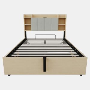 Cama de madeira 140x200 cm - Cama hidráulica com cabeceira com arrumação, USB e tomada Tape-C - Madeira natural