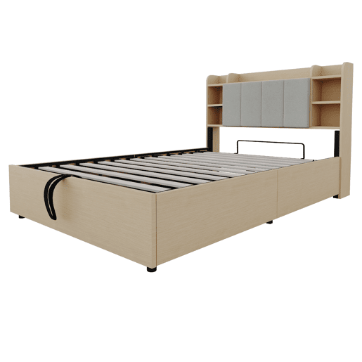 Cama de madeira 140x200 cm - Cama hidráulica com cabeceira com arrumação, USB e tomada Tape-C - Madeira natural Cama de madeira 140x200 cm - Cama hidráulica com cabeceira com arrumação, USB e tomada Tape-C - Madeira natural