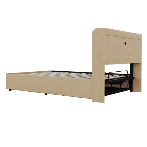 Cama de madeira 140x200 cm - Cama hidráulica com cabeceira com arrumação, USB e tomada Tape-C - Madeira natural Cama de madeira 140x200 cm - Cama hidráulica com cabeceira com arrumação, USB e tomada Tape-C - Madeira natural