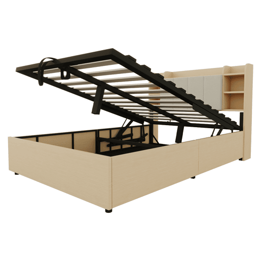 Cama de madeira 140x200 cm - Cama hidráulica com cabeceira com arrumação, USB e tomada Tape-C - Madeira natural Cama de madeira 140x200 cm - Cama hidráulica com cabeceira com arrumação, USB e tomada Tape-C - Madeira natural
