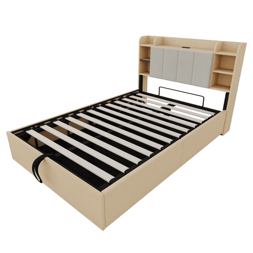 Cama de madeira 140x200 cm - Cama hidráulica com cabeceira com arrumação, USB e tomada Tape-C - Madeira natural Cama de madeira 140x200 cm - Cama hidráulica com cabeceira com arrumação, USB e tomada Tape-C - Madeira natural