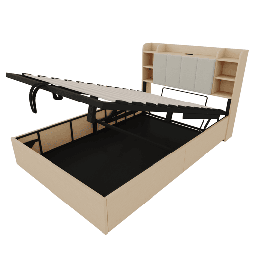Cama de madeira 140x200 cm - Cama hidráulica com cabeceira com arrumação, USB e tomada Tape-C - Madeira natural Cama de madeira 140x200 cm - Cama hidráulica com cabeceira com arrumação, USB e tomada Tape-C - Madeira natural
