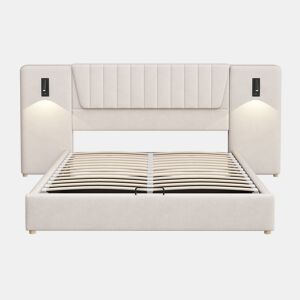 Cama estofada 180x200 cm - Com encosto extra longo, candeeiro de leitura regulável, porta USB, cama com arrumação hidráulica - Bege