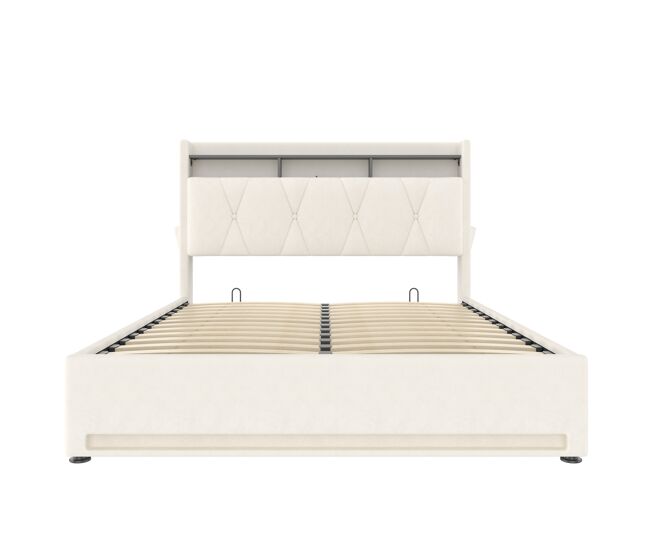 Estructura de cama tapizada 140x200 cm - con iluminación led, puerto de carga usb type-c, almacenamiento bajo la cama y cabecera con almacenamiento -