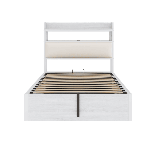 Estrutura da cama 90x200 - mecanismo hidráulico, porta USB, cabeceira acolchoada, design retro em madeira e metal, arrumação oculta - Branco