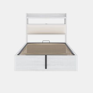 Estrutura da cama 90x200 - mecanismo hidráulico, porta USB, cabeceira acolchoada, design retro em madeira e metal, arrumação oculta - Branco