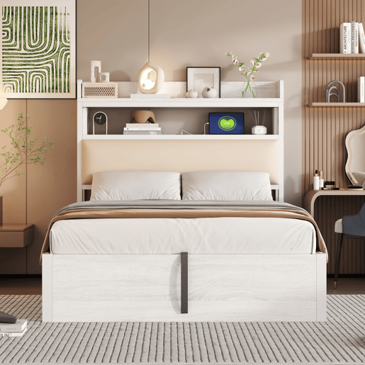 Estrutura da cama 90x200 - mecanismo hidráulico, porta USB, cabeceira acolchoada, design retro em madeira e metal, arrumação oculta - Branco