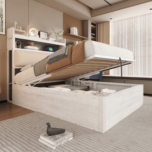 Estrutura da cama 90x200 - mecanismo hidráulico, porta USB, cabeceira acolchoada, design retro em madeira e metal, arrumação oculta - Branco
