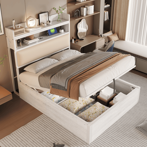 Estrutura da cama 90x200 - mecanismo hidráulico, porta USB, cabeceira acolchoada, design retro em madeira e metal, arrumação oculta - Branco