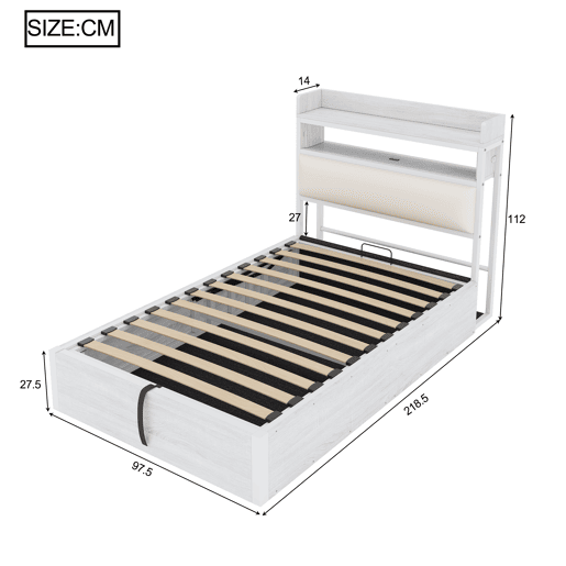 Estrutura da cama 90x200 - mecanismo hidráulico, porta USB, cabeceira acolchoada, design retro em madeira e metal, arrumação oculta - Branco