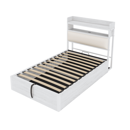 Estrutura da cama 90x200 - mecanismo hidráulico, porta USB, cabeceira acolchoada, design retro em madeira e metal, arrumação oculta - Branco