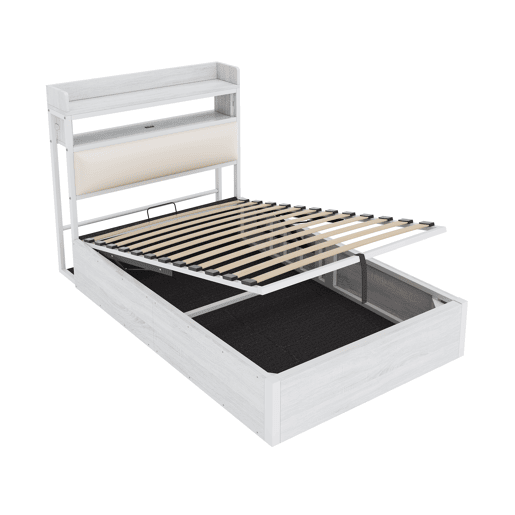 Estrutura da cama 90x200 - mecanismo hidráulico, porta USB, cabeceira acolchoada, design retro em madeira e metal, arrumação oculta - Branco