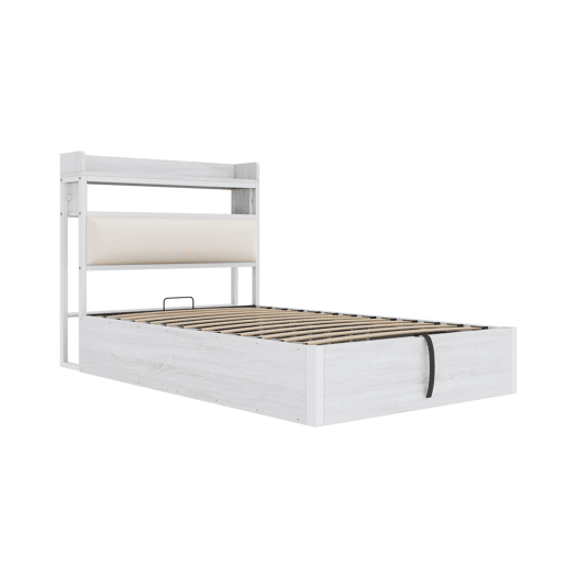 Estrutura da cama 90x200 - mecanismo hidráulico, porta USB, cabeceira acolchoada, design retro em madeira e metal, arrumação oculta - Branco