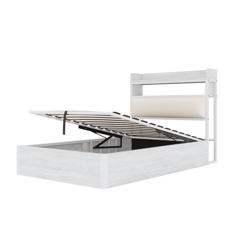 Estrutura da cama 90x200 - mecanismo hidráulico, porta USB, cabeceira acolchoada, design retro em madeira e metal, arrumação oculta - Branco