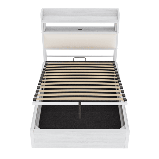 Estrutura da cama 90x200 - mecanismo hidráulico, porta USB, cabeceira acolchoada, design retro em madeira e metal, arrumação oculta - Branco