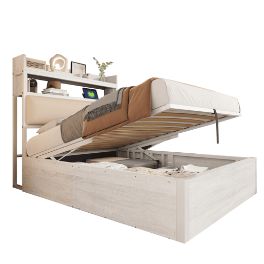Estrutura da cama 90x200 - mecanismo hidráulico, porta USB, cabeceira acolchoada, design retro em madeira e metal, arrumação oculta - Branco
