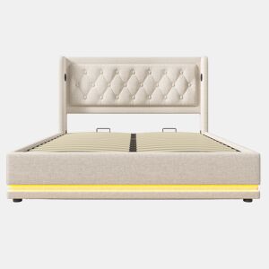 Cama de casal estofada 140*200 cm - armazenamento hidráulico, cabeceira acolchoada com USB e LED em 3 lados - Bege
