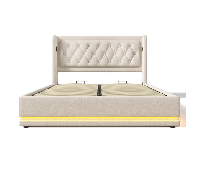 Cama doble tapizada 140*200 cm - almacenamiento hidráulico, cabecero acolchado con usb y led 3 lados - beige