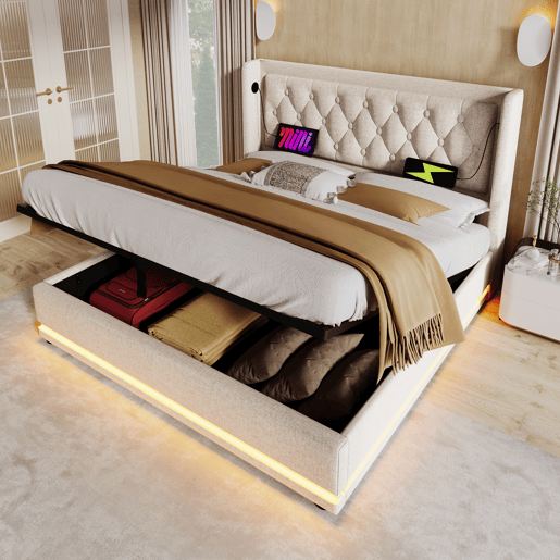 Cama de casal estofada 140*200 cm - armazenamento hidráulico, cabeceira acolchoada com USB e LED em 3 lados - Bege Cama de casal estofada 140*200 cm - armazenamento hidráulico, cabeceira acolchoada com USB e LED em 3 lados - Bege