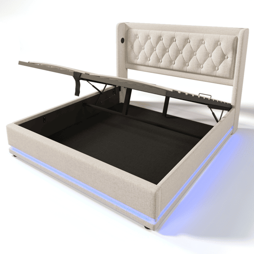 Cama de casal estofada 140*200 cm - armazenamento hidráulico, cabeceira acolchoada com USB e LED em 3 lados - Bege Cama de casal estofada 140*200 cm - armazenamento hidráulico, cabeceira acolchoada com USB e LED em 3 lados - Bege