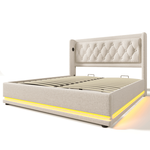 Cama de casal estofada 140*200 cm - armazenamento hidráulico, cabeceira acolchoada com USB e LED em 3 lados - Bege Cama de casal estofada 140*200 cm - armazenamento hidráulico, cabeceira acolchoada com USB e LED em 3 lados - Bege