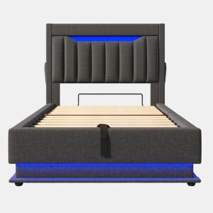Cama estofada 90x200 cm - Cabeceira com arrumação, portas USB e Tipo-C, iluminação LED, arrumação hidráulica - Cinza