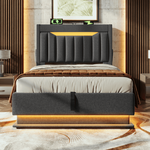 Cama estofada 90x200 cm - Cabeceira com arrumação, portas USB e Tipo-C, iluminação LED, arrumação hidráulica - Cinza Cama estofada 90x200 cm - Cabeceira com arrumação, portas USB e Tipo-C, iluminação LED, arrumação hidráulica - Cinza