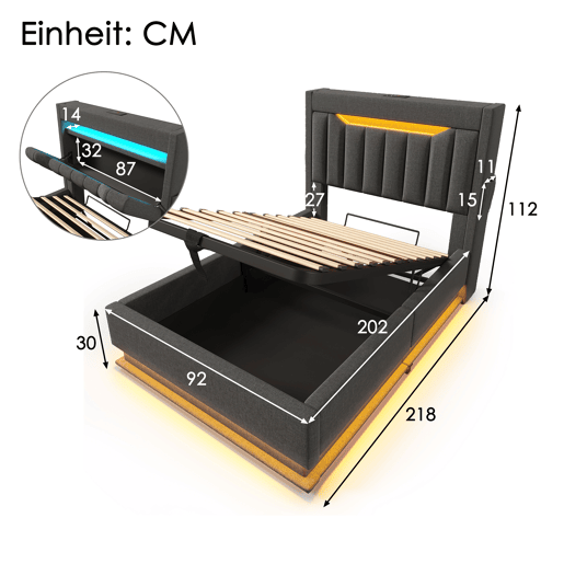 Cama estofada 90x200 cm - Cabeceira com arrumação, portas USB e Tipo-C, iluminação LED, arrumação hidráulica - Cinza Cama estofada 90x200 cm - Cabeceira com arrumação, portas USB e Tipo-C, iluminação LED, arrumação hidráulica - Cinza