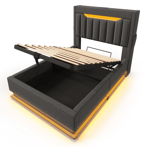 Cama estofada 90x200 cm - Cabeceira com arrumação, portas USB e Tipo-C, iluminação LED, arrumação hidráulica - Cinza Cama estofada 90x200 cm - Cabeceira com arrumação, portas USB e Tipo-C, iluminação LED, arrumação hidráulica - Cinza