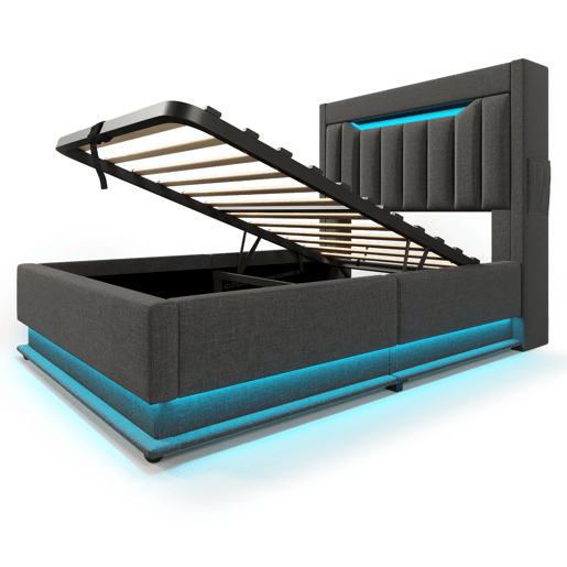 Cama estofada 90x200 cm - Cabeceira com arrumação, portas USB e Tipo-C, iluminação LED, arrumação hidráulica - Cinza Cama estofada 90x200 cm - Cabeceira com arrumação, portas USB e Tipo-C, iluminação LED, arrumação hidráulica - Cinza