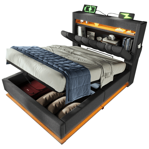 Cama estofada 90x200 cm - Cabeceira com arrumação, portas USB e Tipo-C, iluminação LED, arrumação hidráulica - Cinza Cama estofada 90x200 cm - Cabeceira com arrumação, portas USB e Tipo-C, iluminação LED, arrumação hidráulica - Cinza