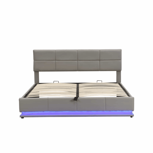 Cama contentora estofada 180x200 cm com iluminação LED - em imitação de pele - Cinzento claro Cama contentora estofada 180x200 cm com iluminação LED - em imitação de pele - Cinzento claro