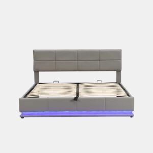 Cama contentora estofada 180x200 cm com iluminação LED - em imitação de pele - Cinzento claro