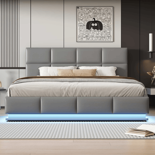 Cama contentora estofada 180x200 cm com iluminação LED - em imitação de pele - Cinzento claro Cama contentora estofada 180x200 cm com iluminação LED - em imitação de pele - Cinzento claro
