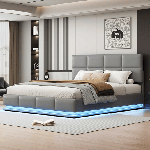 Cama contentora estofada 180x200 cm com iluminação LED - em imitação de pele - Cinzento claro Cama contentora estofada 180x200 cm com iluminação LED - em imitação de pele - Cinzento claro