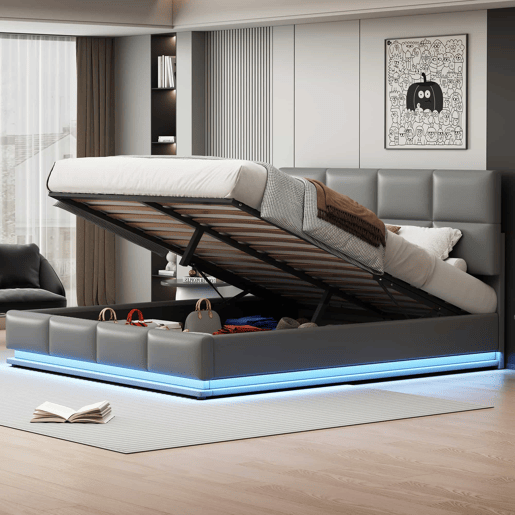 Cama contentora estofada 180x200 cm com iluminação LED - em imitação de pele - Cinzento claro Cama contentora estofada 180x200 cm com iluminação LED - em imitação de pele - Cinzento claro