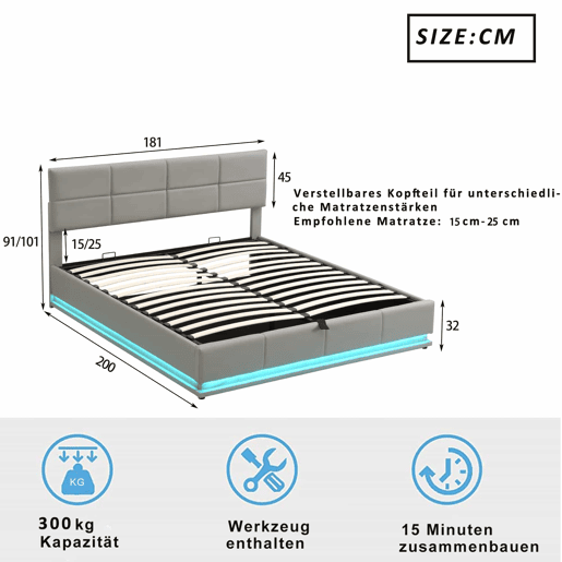 Cama contentora estofada 180x200 cm com iluminação LED - em imitação de pele - Cinzento claro Cama contentora estofada 180x200 cm com iluminação LED - em imitação de pele - Cinzento claro