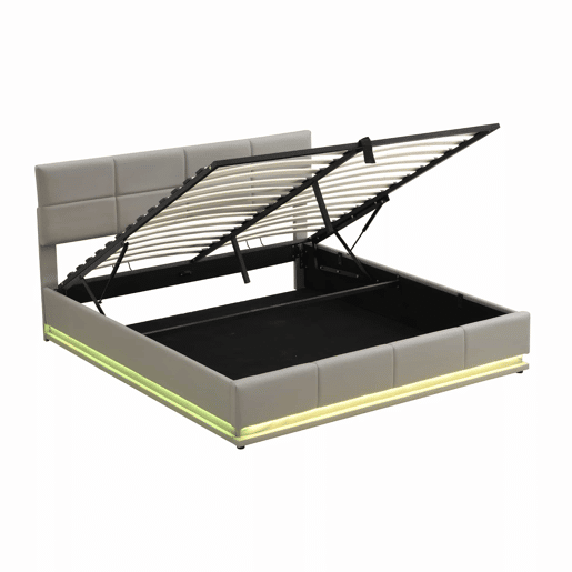 Cama contentora estofada 180x200 cm com iluminação LED - em imitação de pele - Cinzento claro Cama contentora estofada 180x200 cm com iluminação LED - em imitação de pele - Cinzento claro